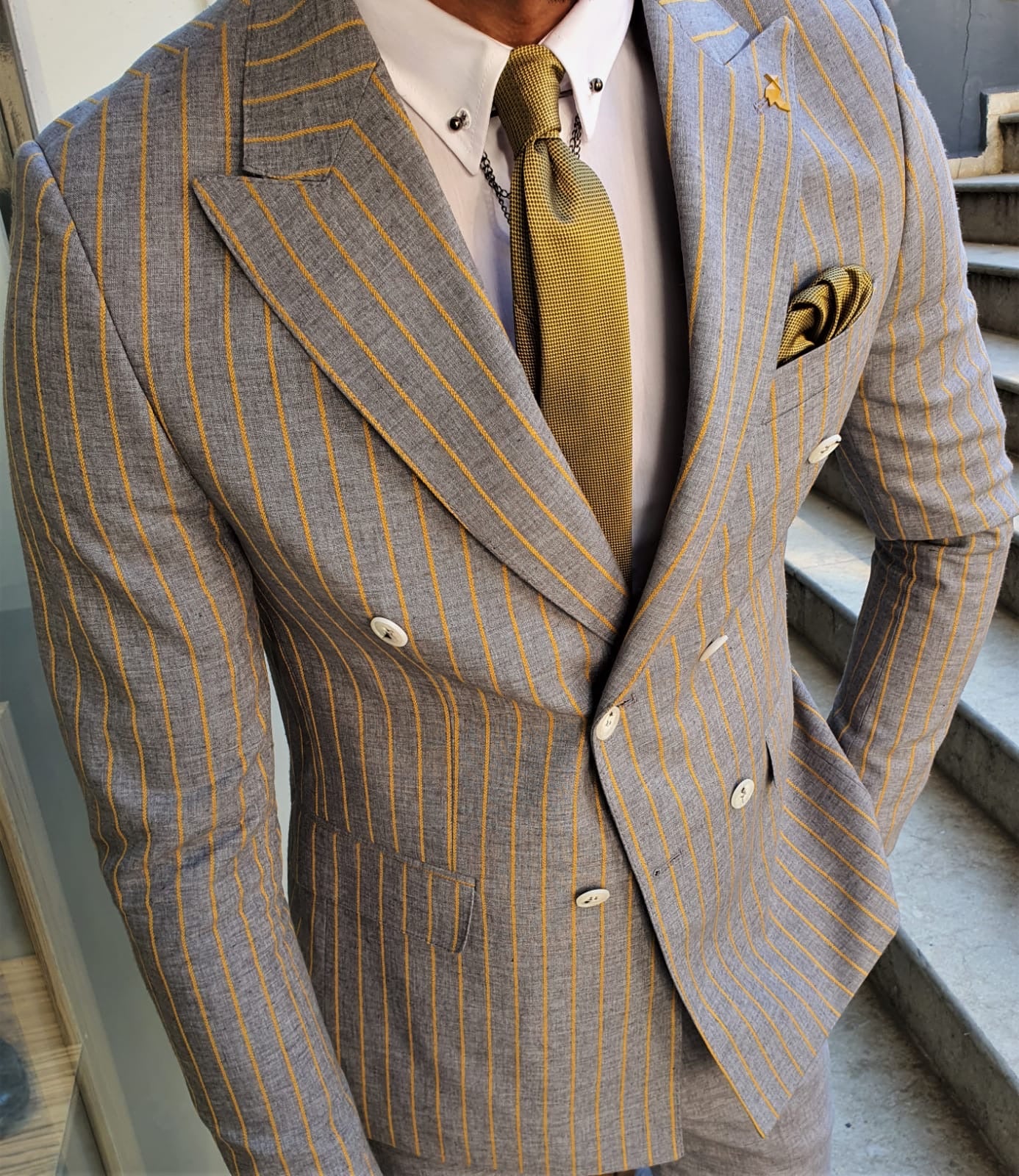 Richard Yellow Striped Double Breasted Suit