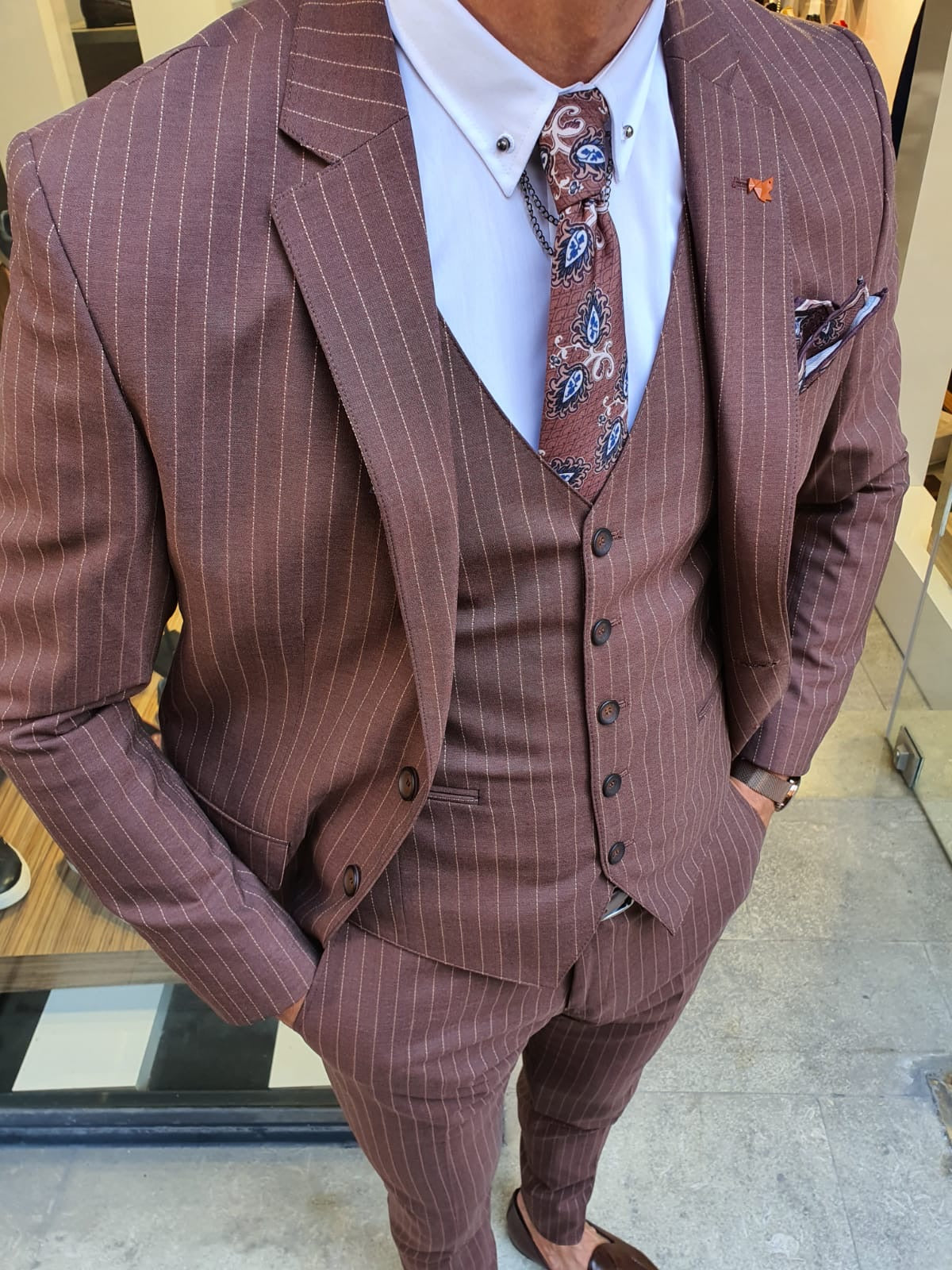 Reno Camel Slim Fit Pinstripe Suit