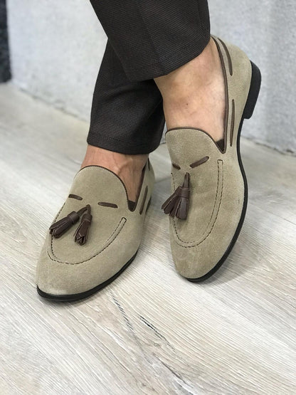 Tassel Suede Leather Cream Loafers