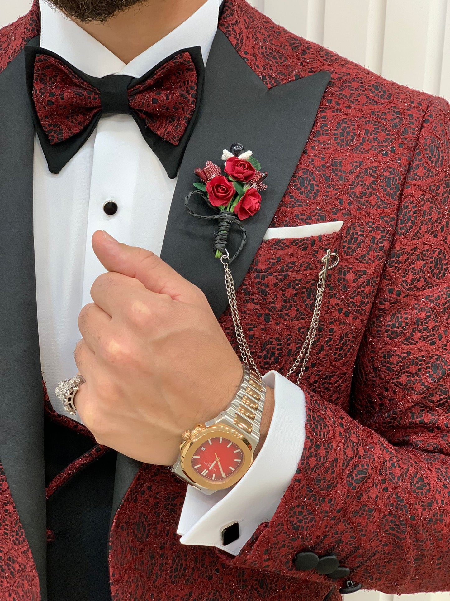 Caesar Red Slim Fit Peak Lapel Floral Patterned Tuxedo