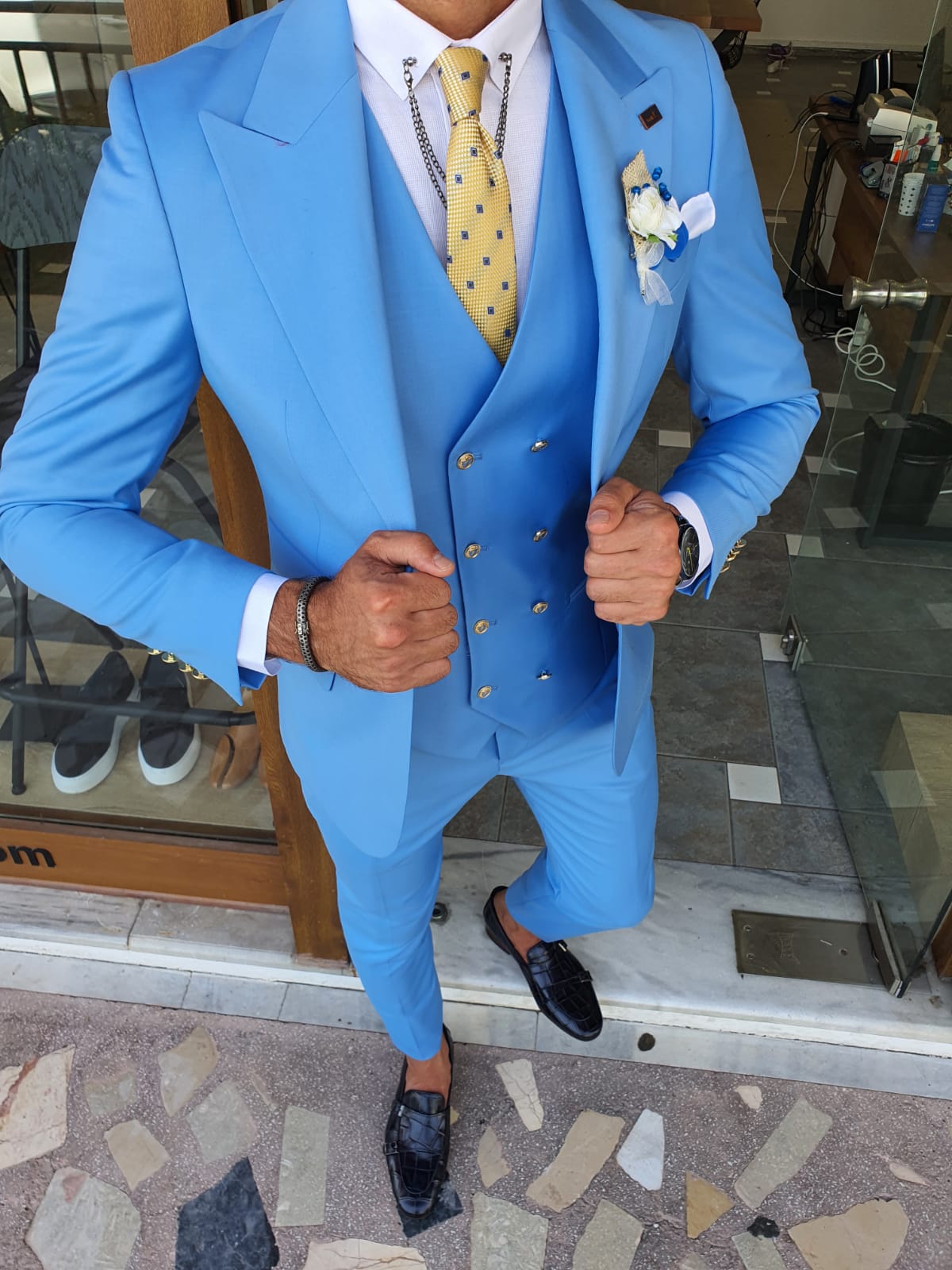 Boston Blue Slim Fit Peak Lapel Wool Suit