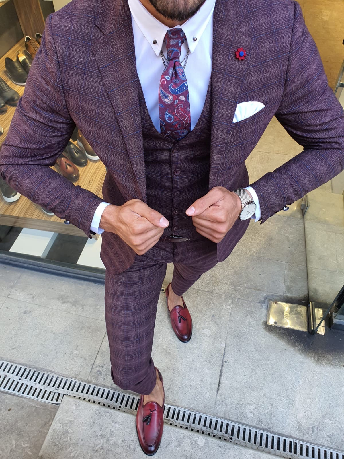 Orem Burgundy Slim Fit Plaid Suit