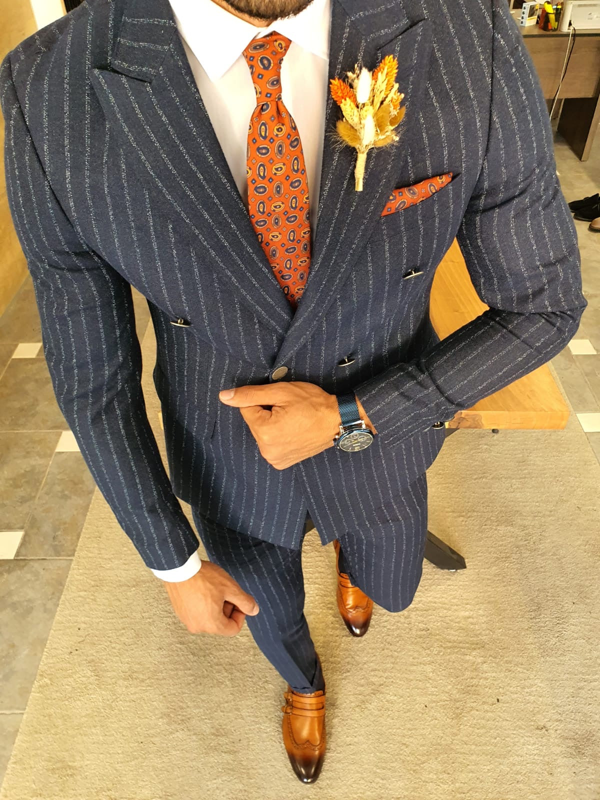Henderson Navy Blue Pinstripe Double Breasted Suit