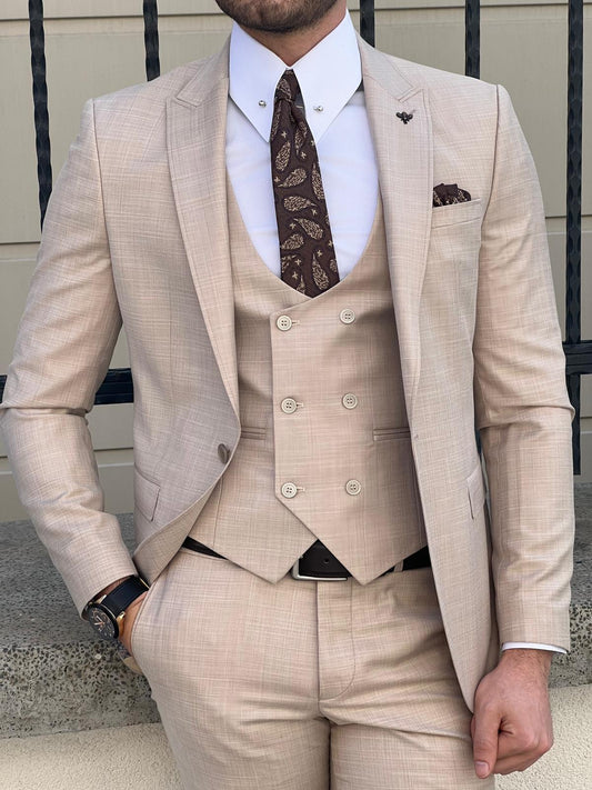 Edmond Beige Slim Fit Peak Lapel Wool Suit