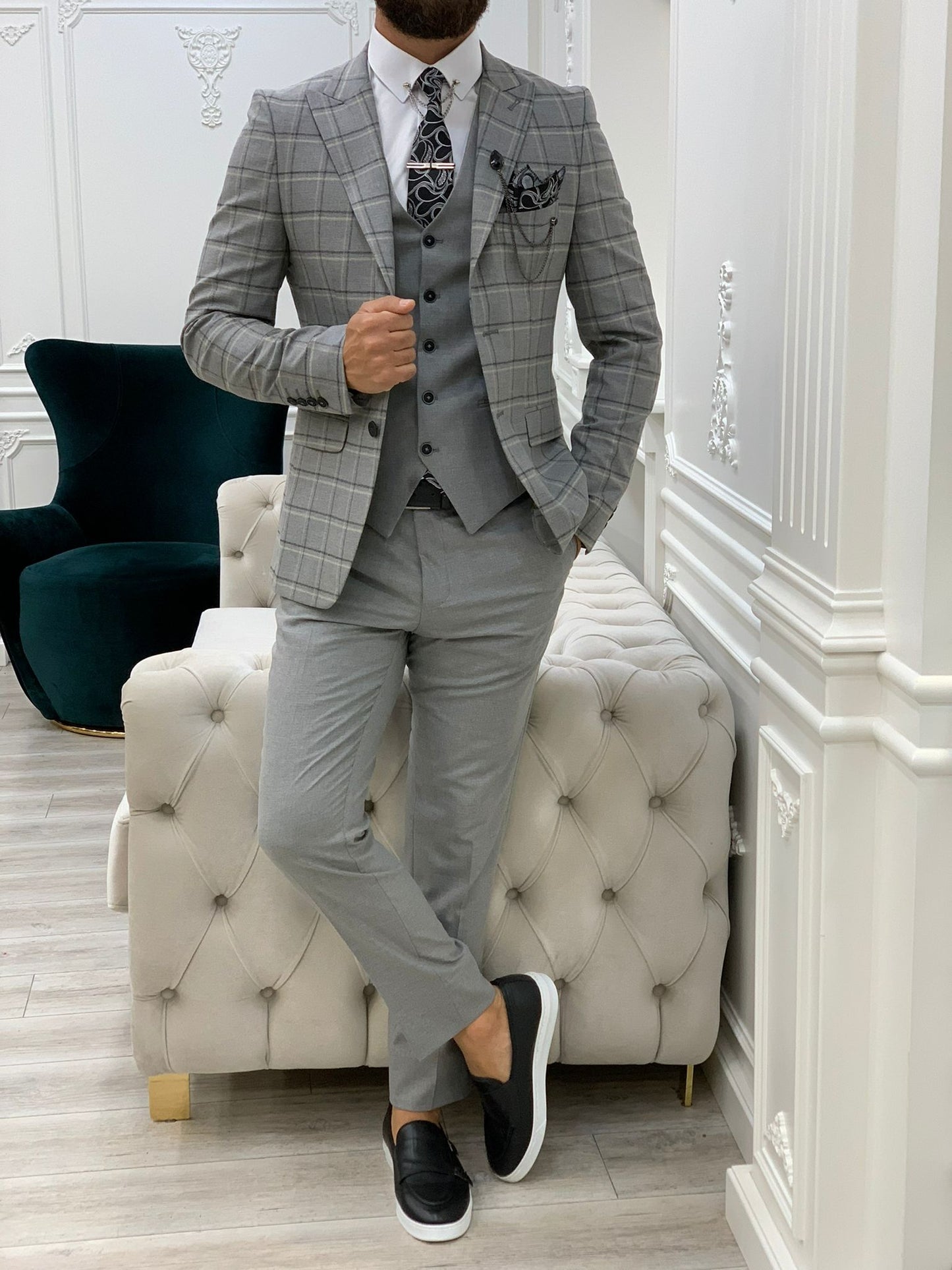 Olympia Dark Gray Slim Fit Peak Lapel Plaid Suit