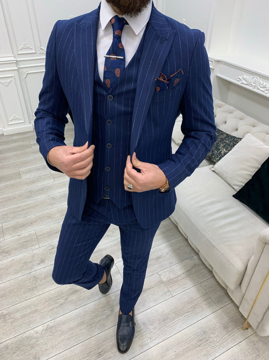 Lagos Blue Slim Fit Peak Lapel Pinstripe Suit