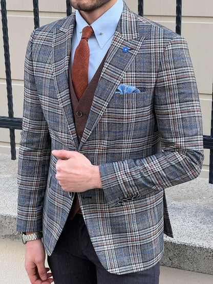 Edmond Gray Slim Fit Peak Lapel Plaid Check Wool Suit