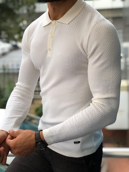 Fabros White Slim Fit Patterned Sweater – BRABION