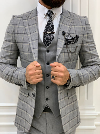 Olympia Dark Gray Slim Fit Peak Lapel Plaid Suit