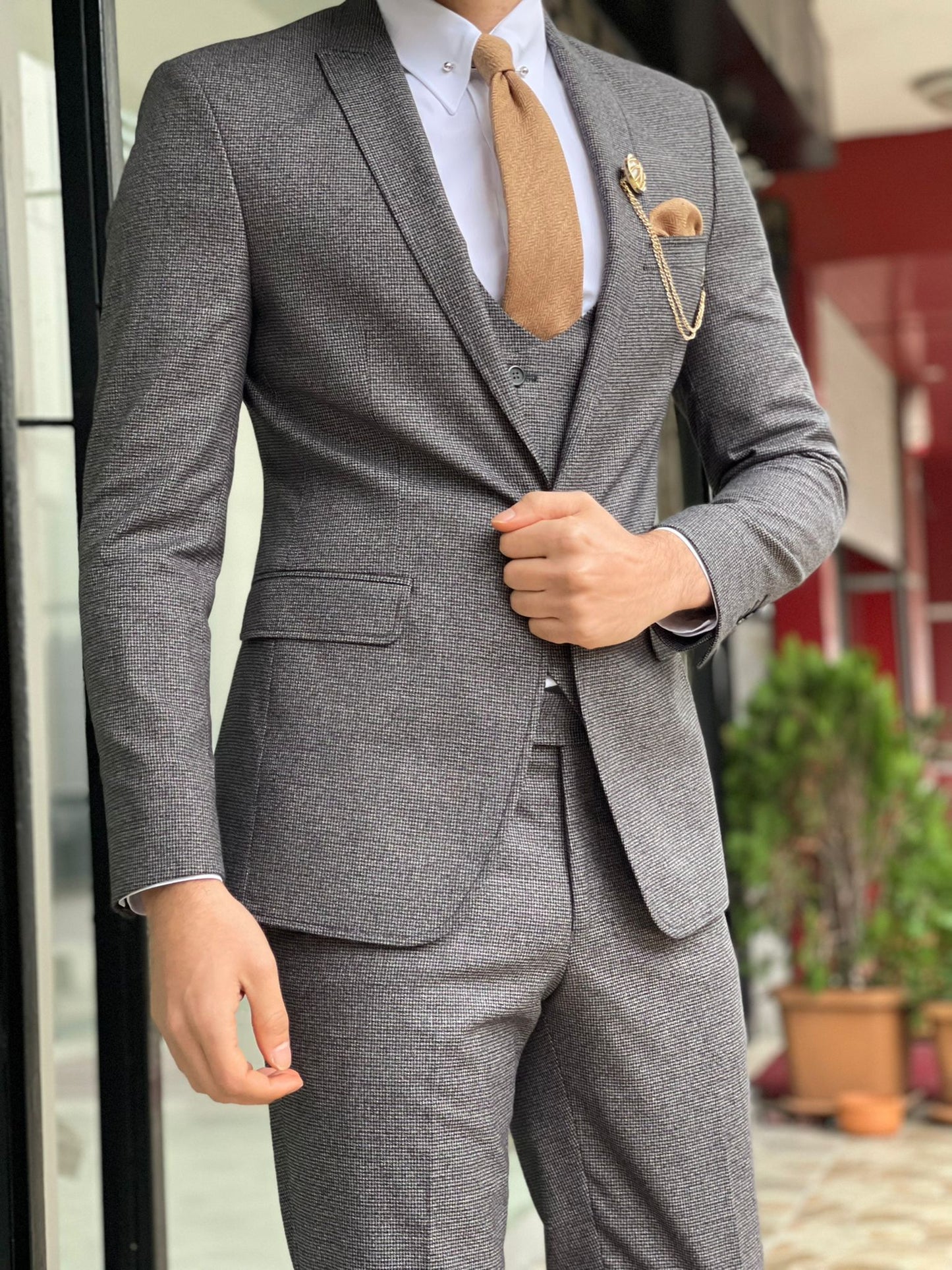 Davis Gray Slim Fit Peak Lapel Wool Suit