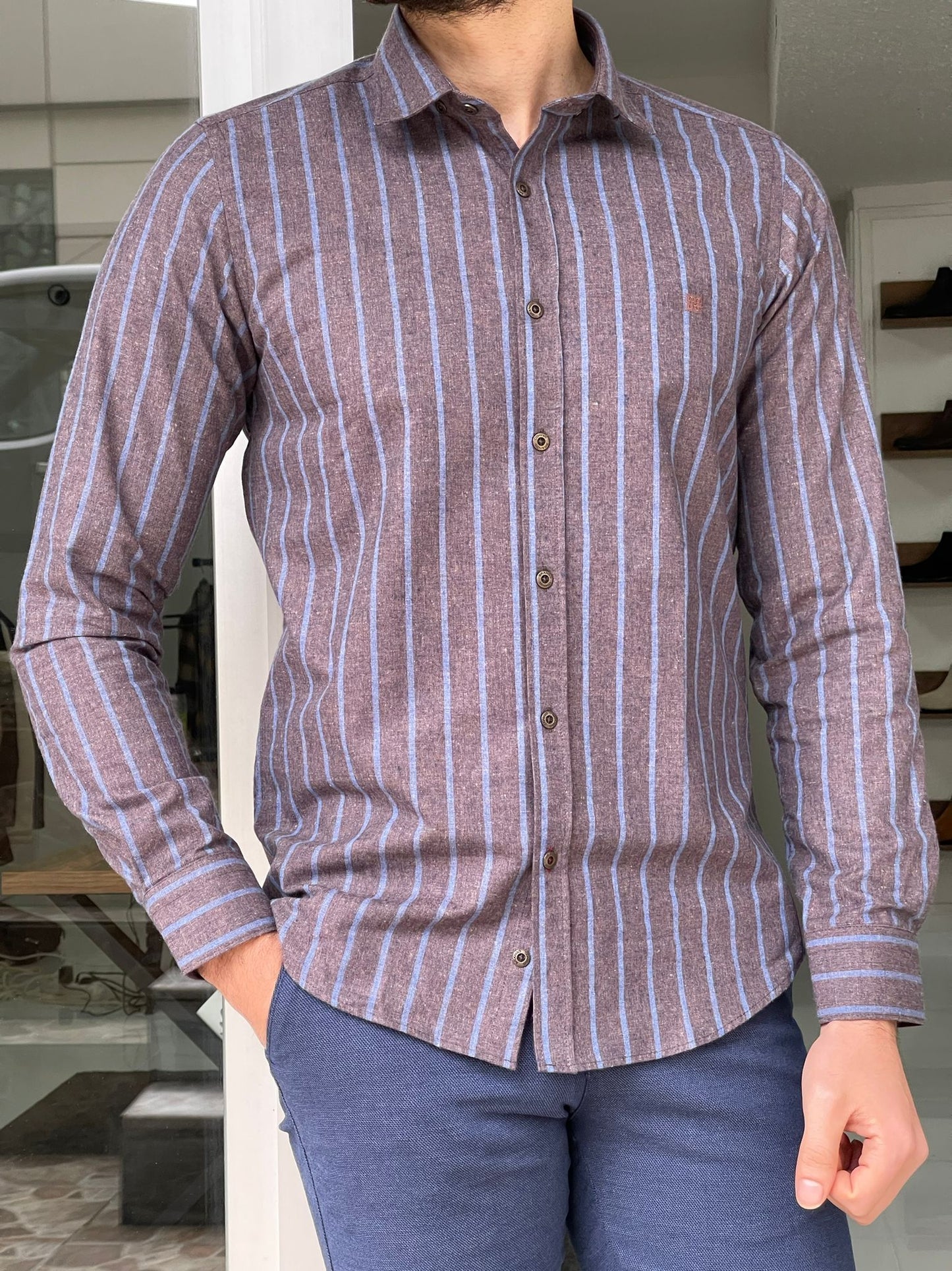 Stefano Brown Slim Fit Striped Cotton Shirt