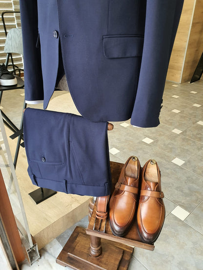 Boston Navy Blue Slim Fit Cotton Suit