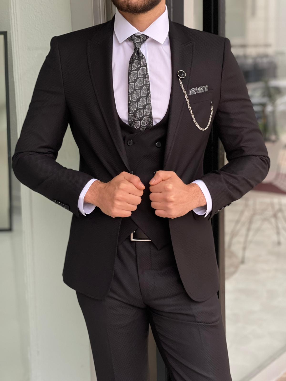 Capel Black Slim Fit Peak Lapel Wool Suit