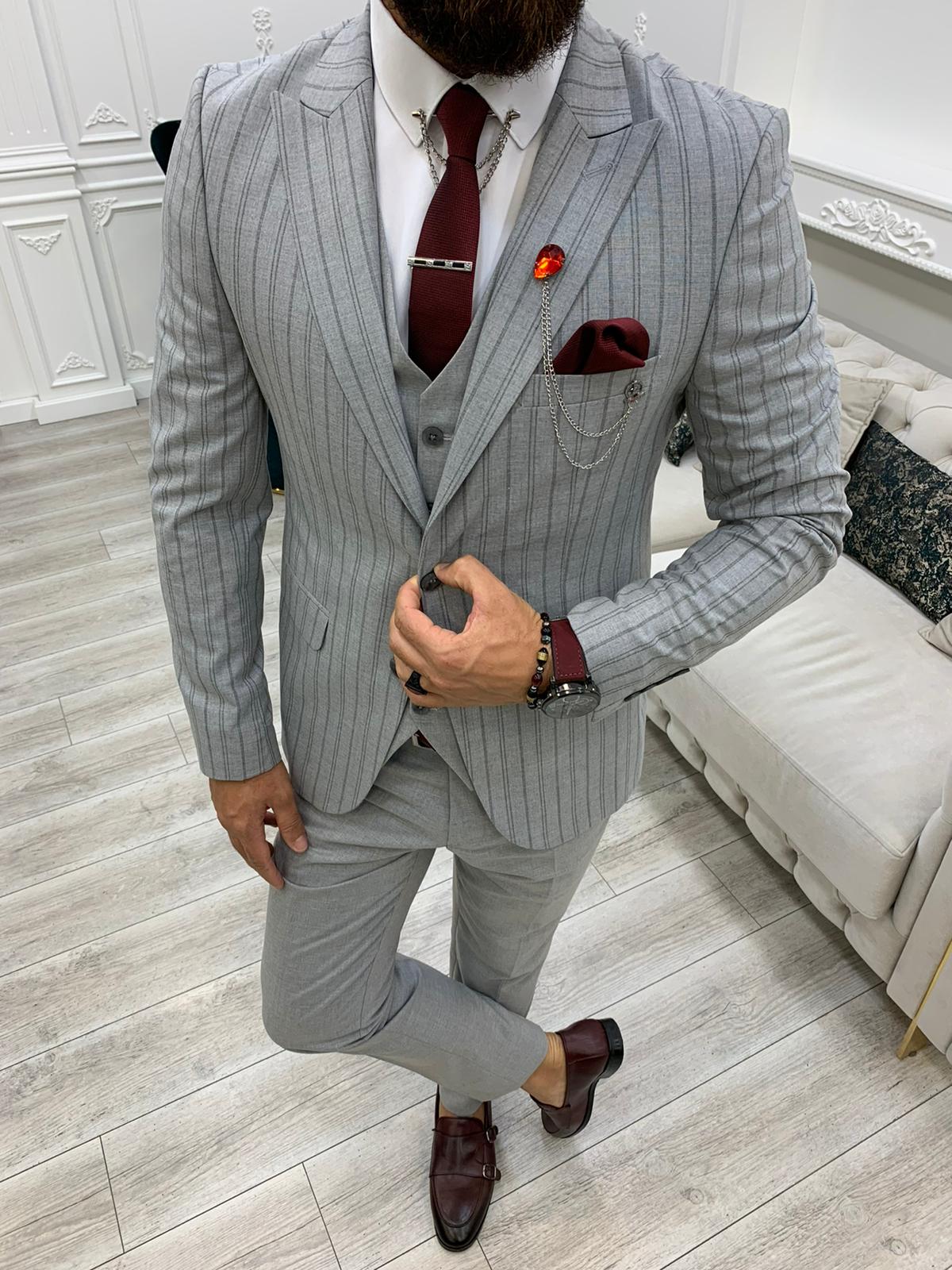 Barrua Gray Slim Fit Peak Lapel Striped Suit