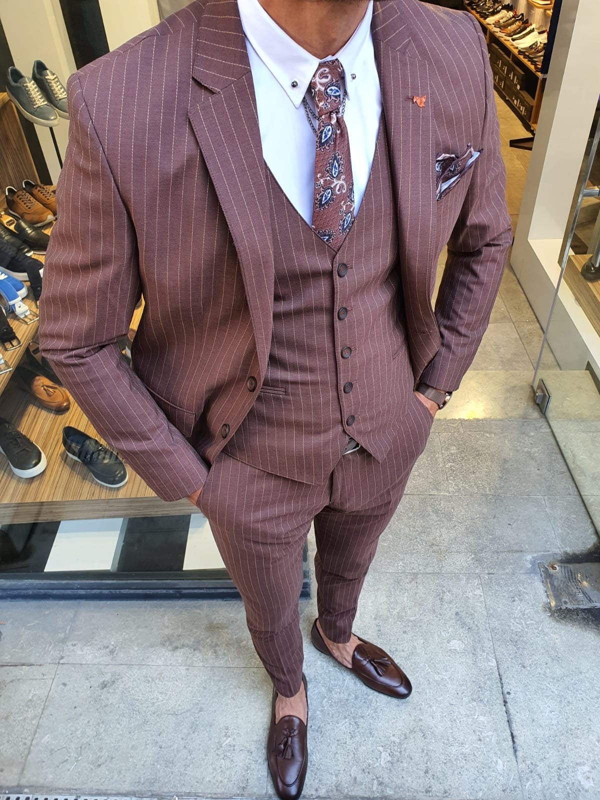 Reno Camel Slim Fit Pinstripe Suit