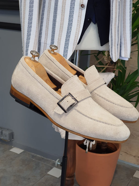 Stefano Beige Suede Buckle Loafers