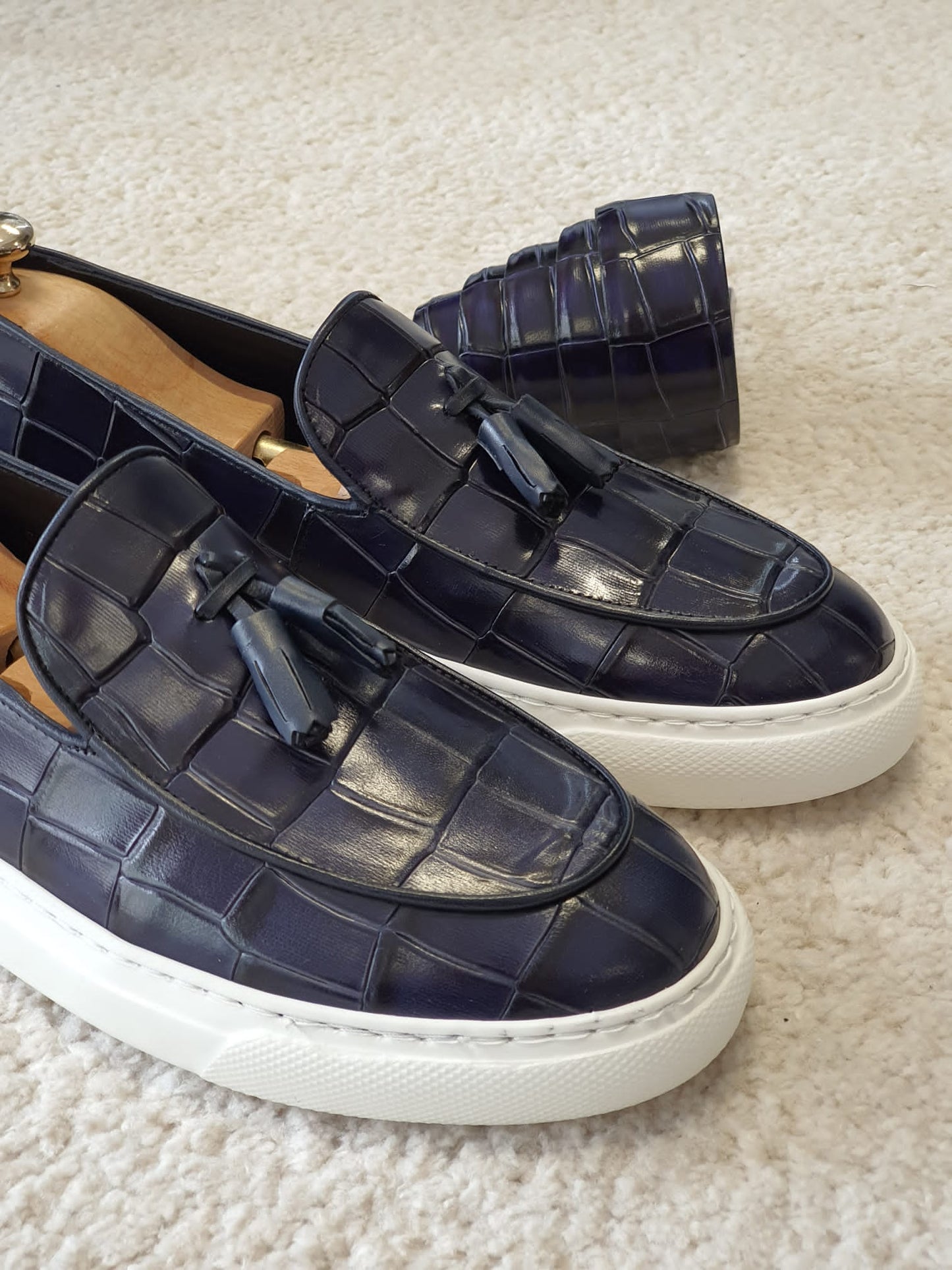 Berton Navy Blue Tassel Loafers: Sophisticated Elegance