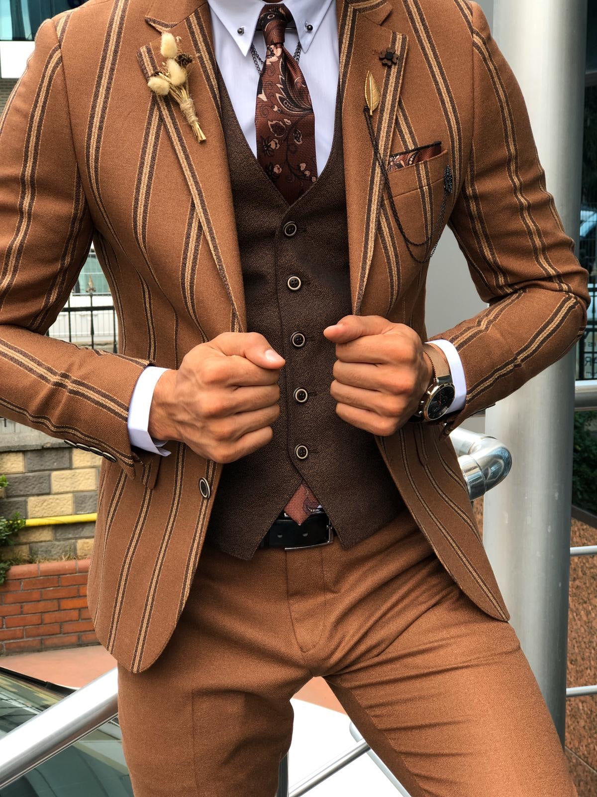 Calvin Striped Camel Slim-Fit Suit