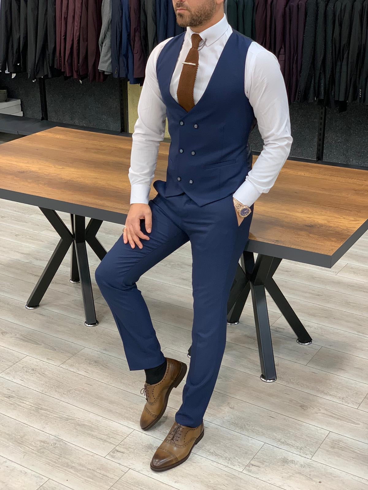 London Navy Blue Slim Fit Pinstripe Suit