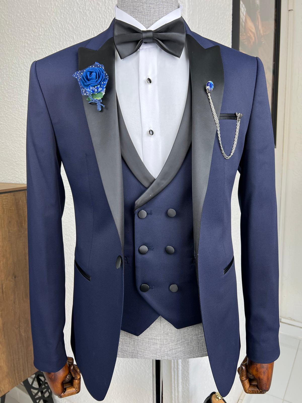 Bensen Slim Fit Patterned Navy Blue Dovetail Collared Tuxedo