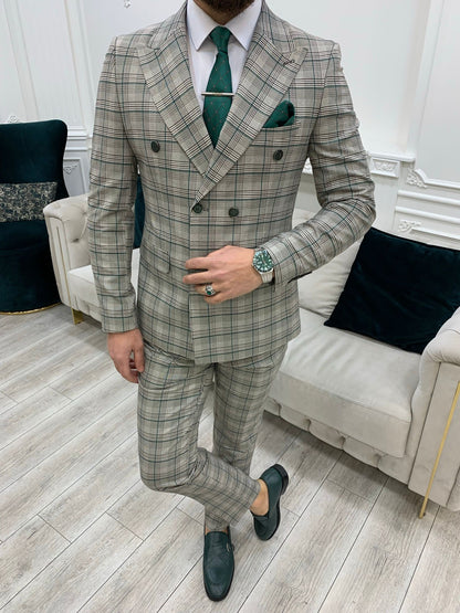 Rosario Green Gray Slim Fit Double Breasted Plaid Suit