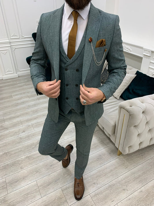 Bergen Green Slim Fit Peak Lapel Crosshatch Suit