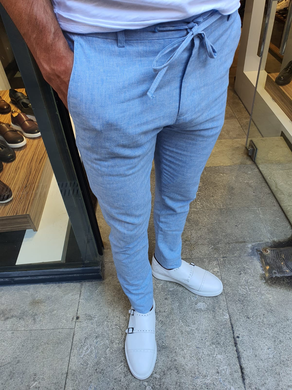 Ogden Blue Slim Fit Laced Striped Pants
