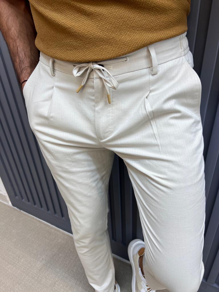 Sorento Beige Slim Fit Linen Pants