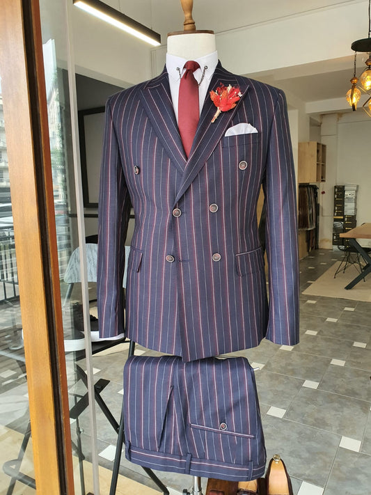 Boston Navy Blue Slim Fit Double Breasted Pinstripe Suit