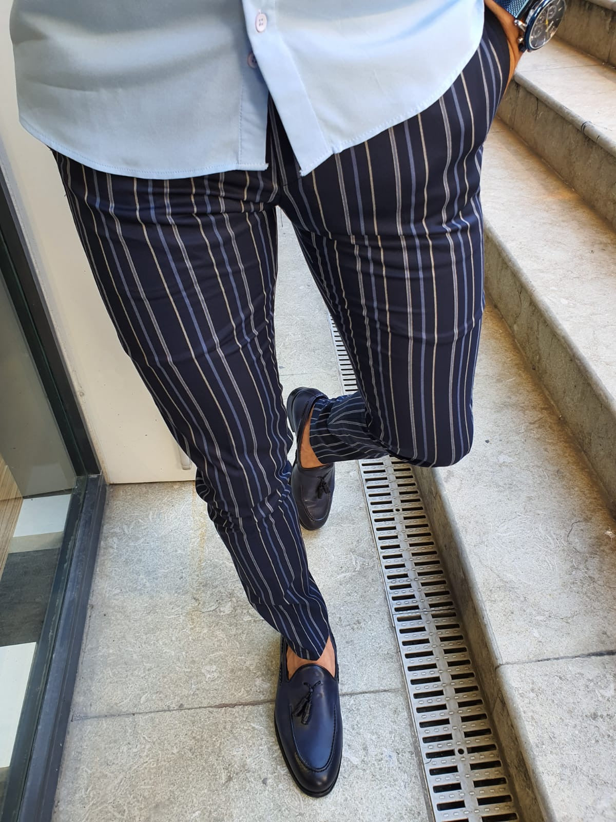 Sparks Navy Blue Slim Fit Striped Pants