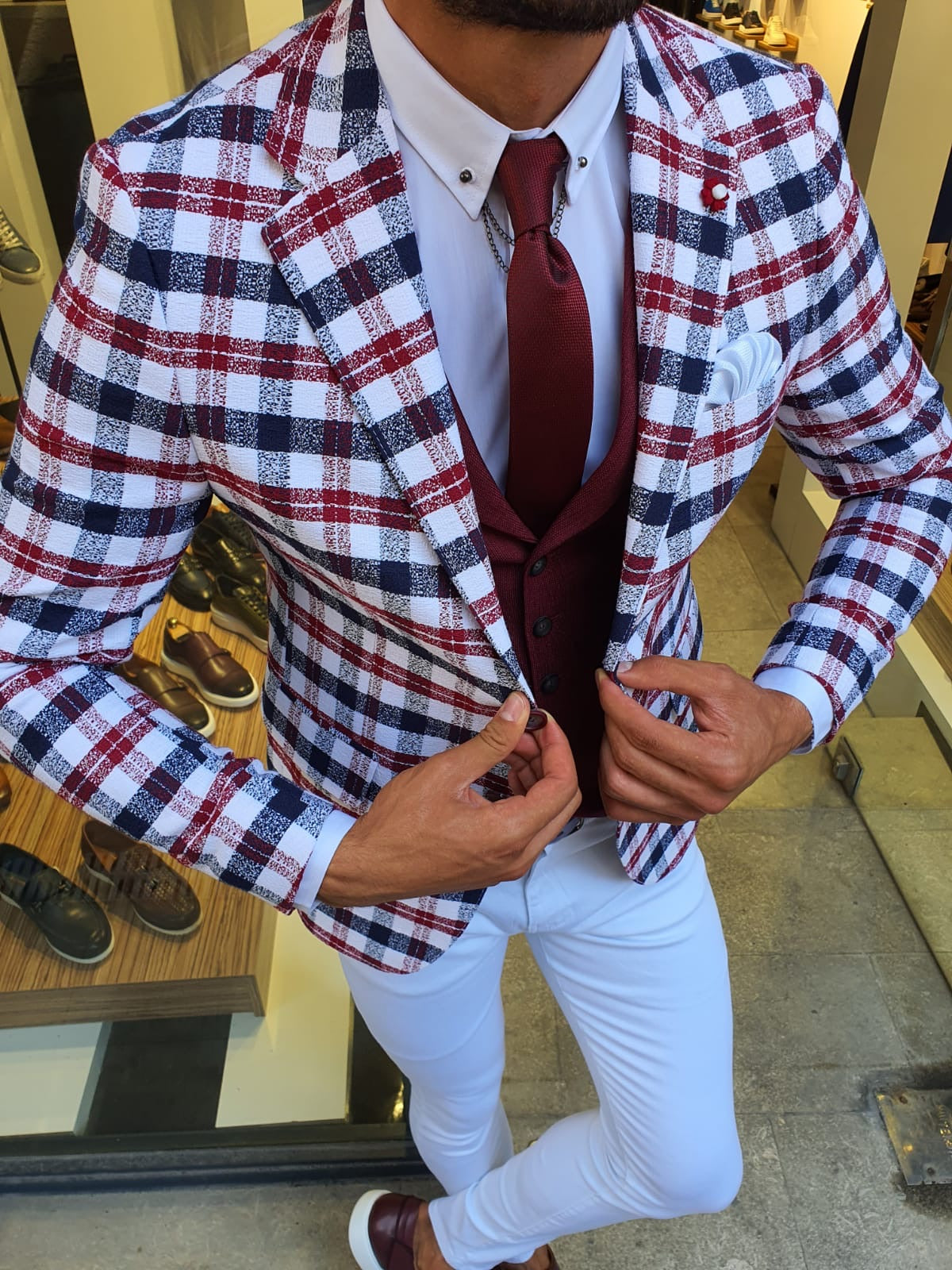 Skyesville Red Slim Fit Plaid Suit