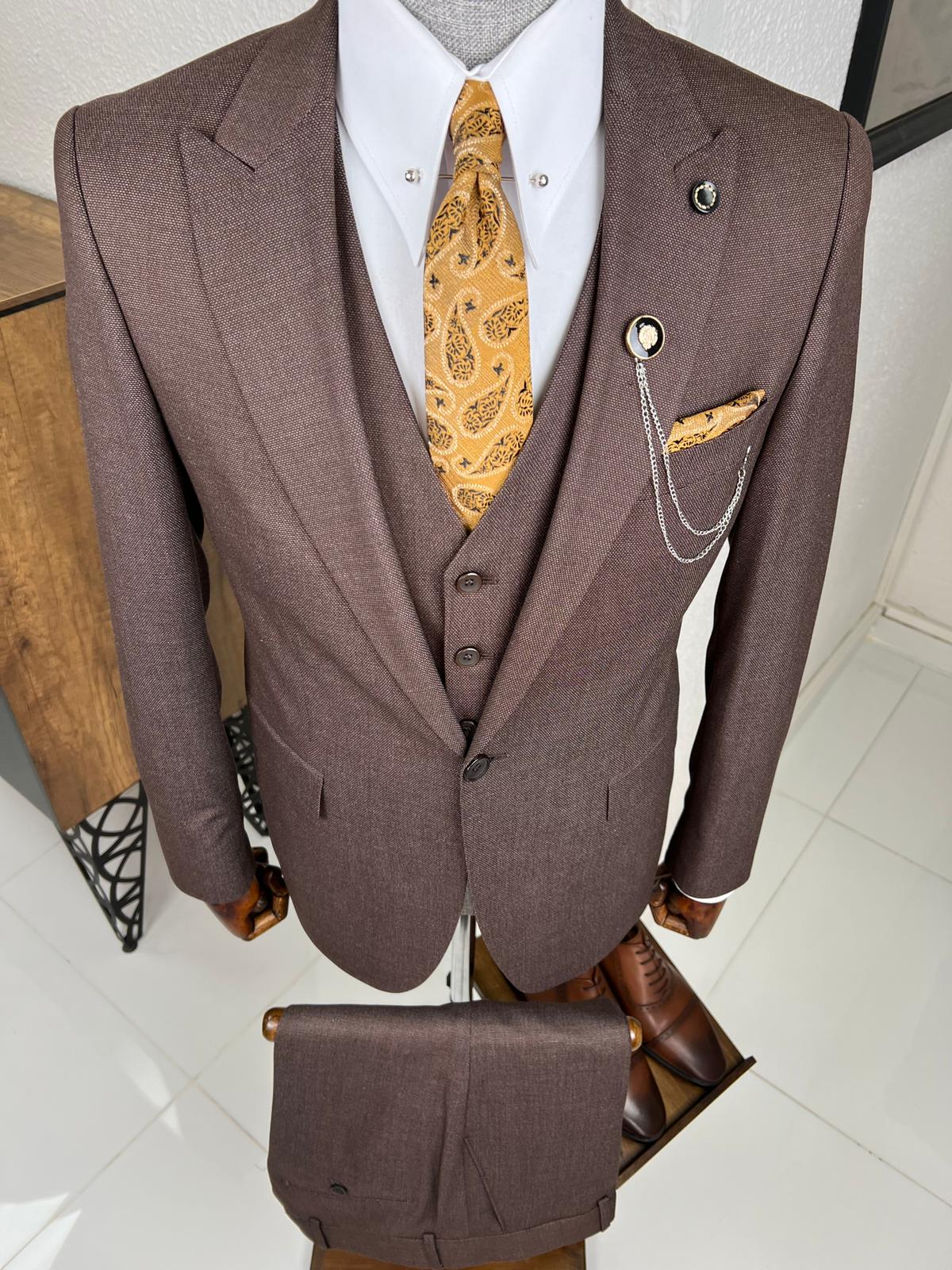 Veneta Slim Fit High Quality Brown Woolen Suit