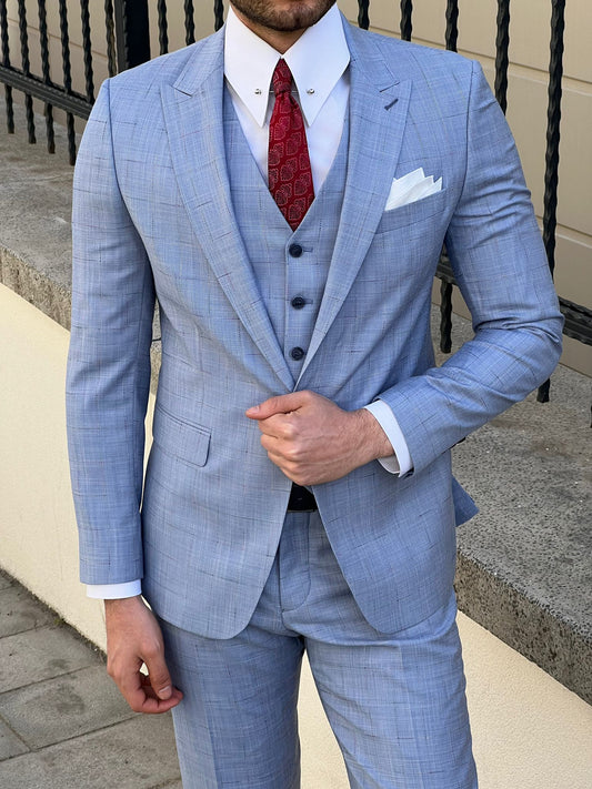 Edmond Blue Peak Lapel Plaid Wool Suit