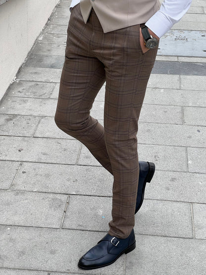 Fabio Brown Plaid Slim Fit Woolen Pants