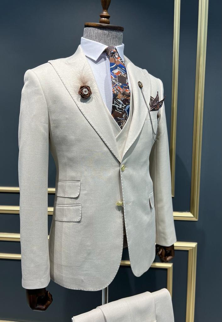 Bensen Slim Fit Double Pocket Beige Detailed Suit