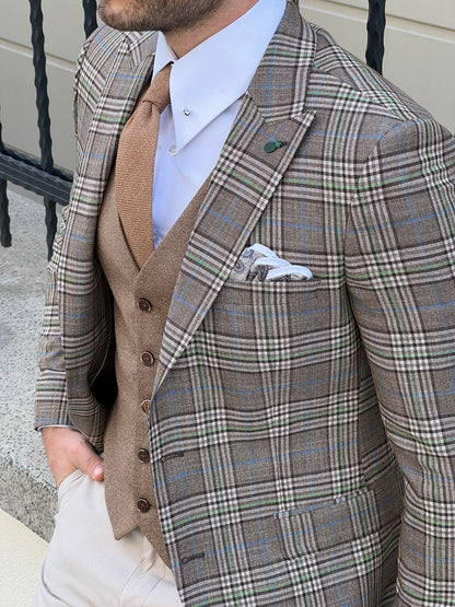 Edmond Beige Slim Fit Peak Lapel Plaid Check Wool Suit