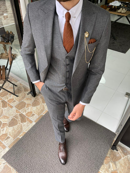 Sarpa Gray Slim Fit Peak Lapel Plaid Wool Suit
