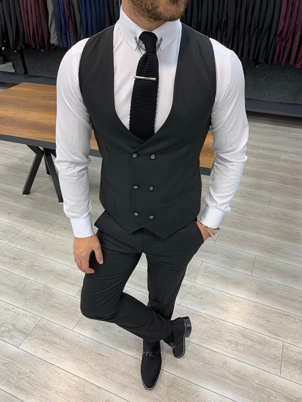 London Black Slim Fit Pinstripe Suit