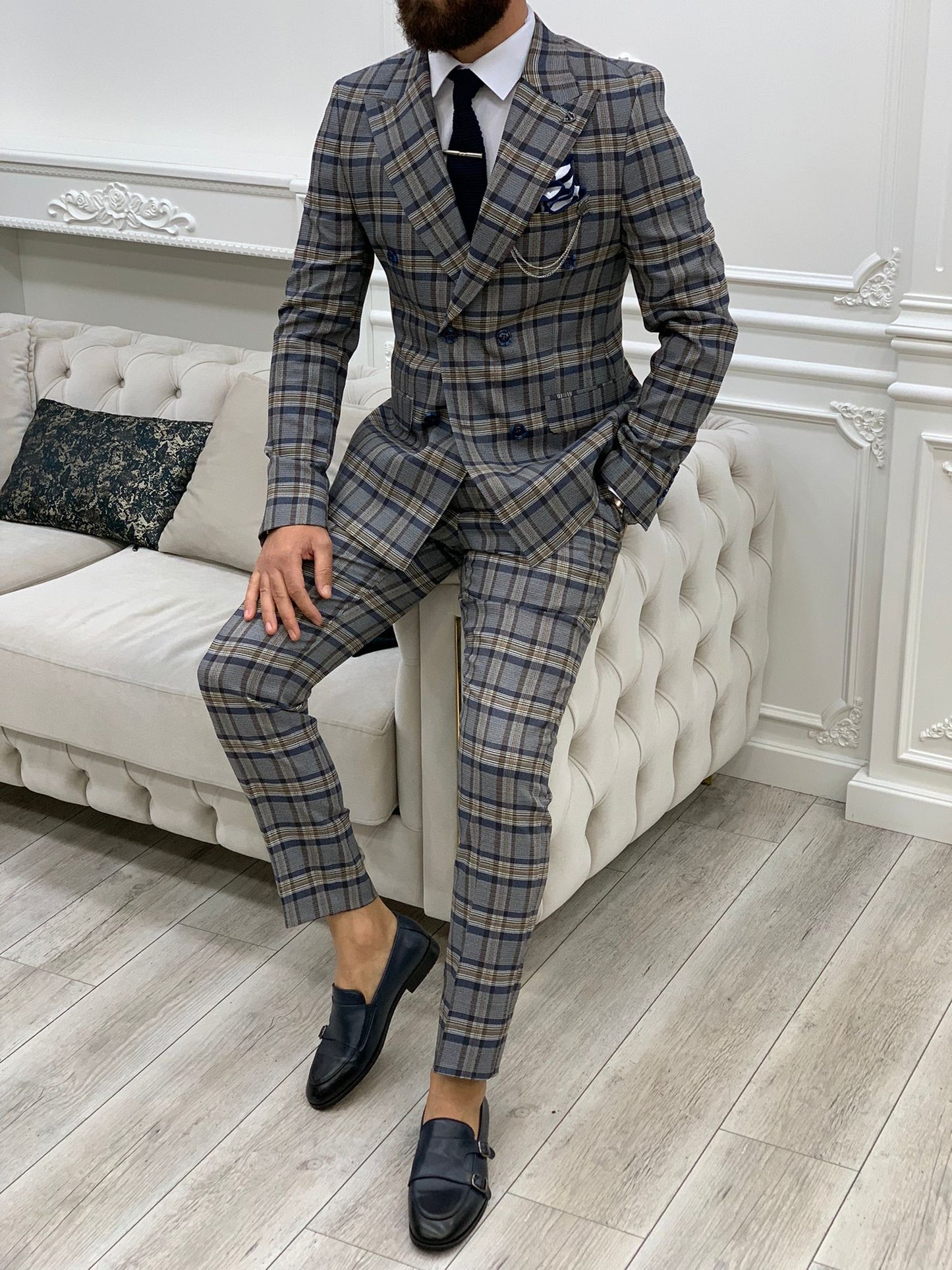 Vince Navy Blue Slim Fit Double Breasted Plaid Suit