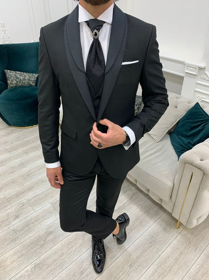 Forte Black Slim Fit Shawl Lapel Wedding Suit