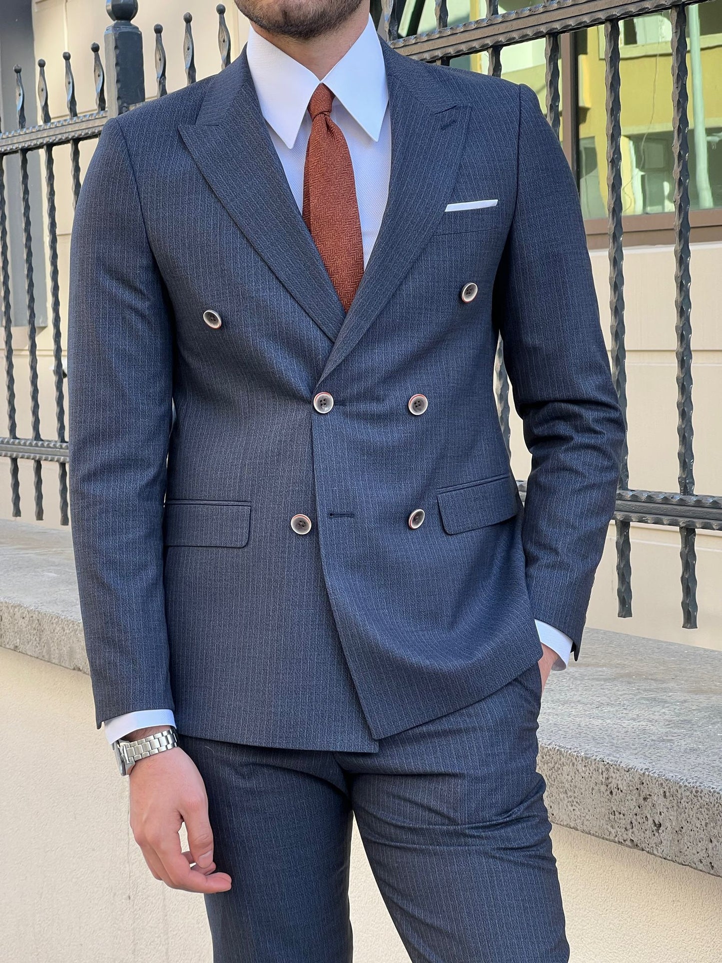 Edmond Navy Blue Double Breasted Pinstripe Wool Suit