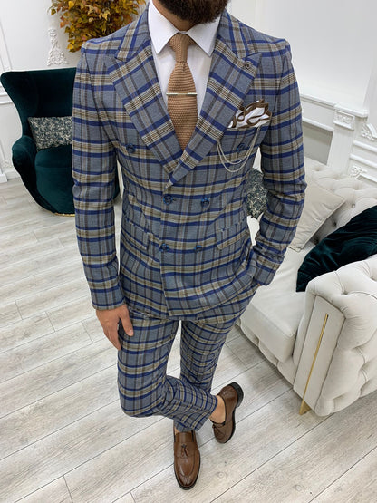 Vince Blue Slim Fit Double Breasted Plaid Suit