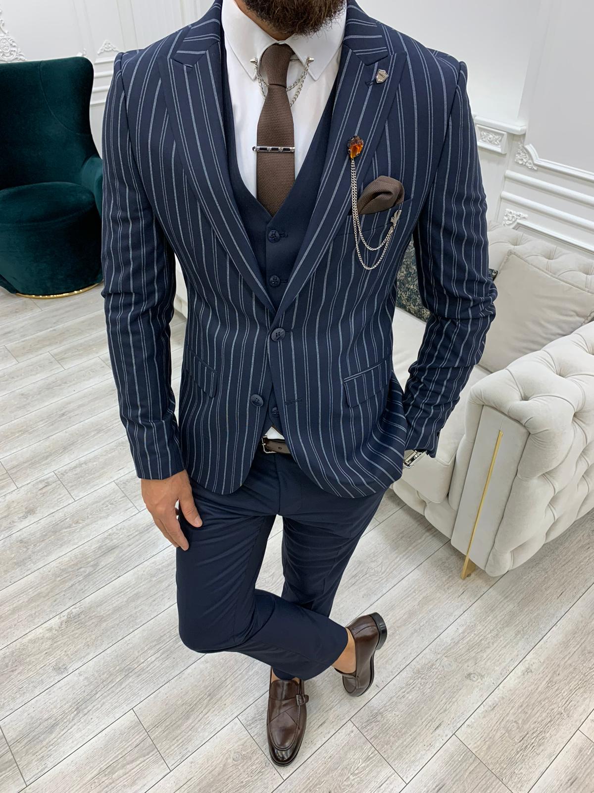 Barrua Navy Blue Slim Fit Peak Lapel Striped Suit