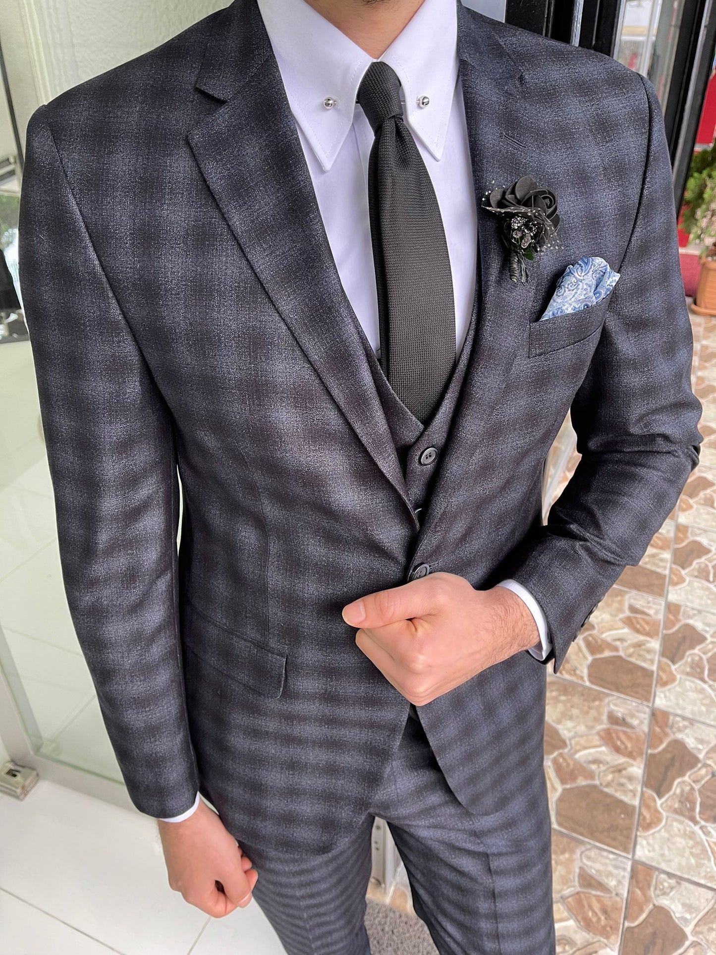 Tallin Black Slim Fit Notch Lapel Plaid Wool Suit