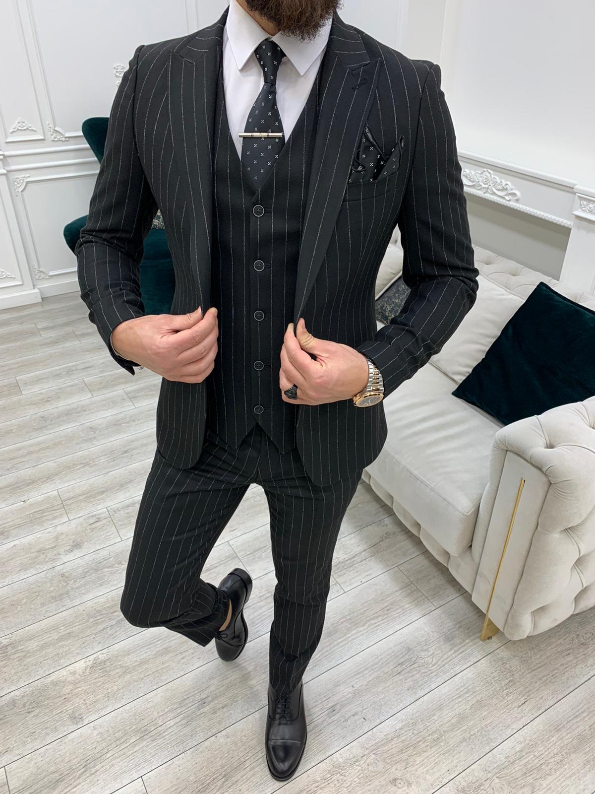 Lagos Black Slim Fit Peak Lapel Pinstripe Suit