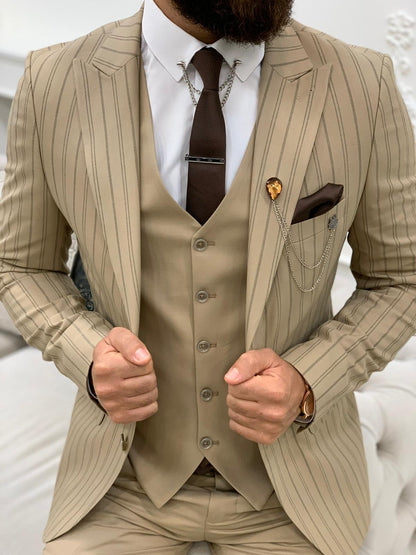 Barrua Cream Slim Fit Peak Lapel Striped Suit