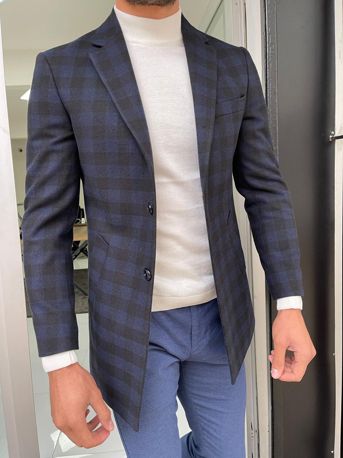 Melbourne Navy Blue Slim Fit Plaid Wool Long Coat – BRABION