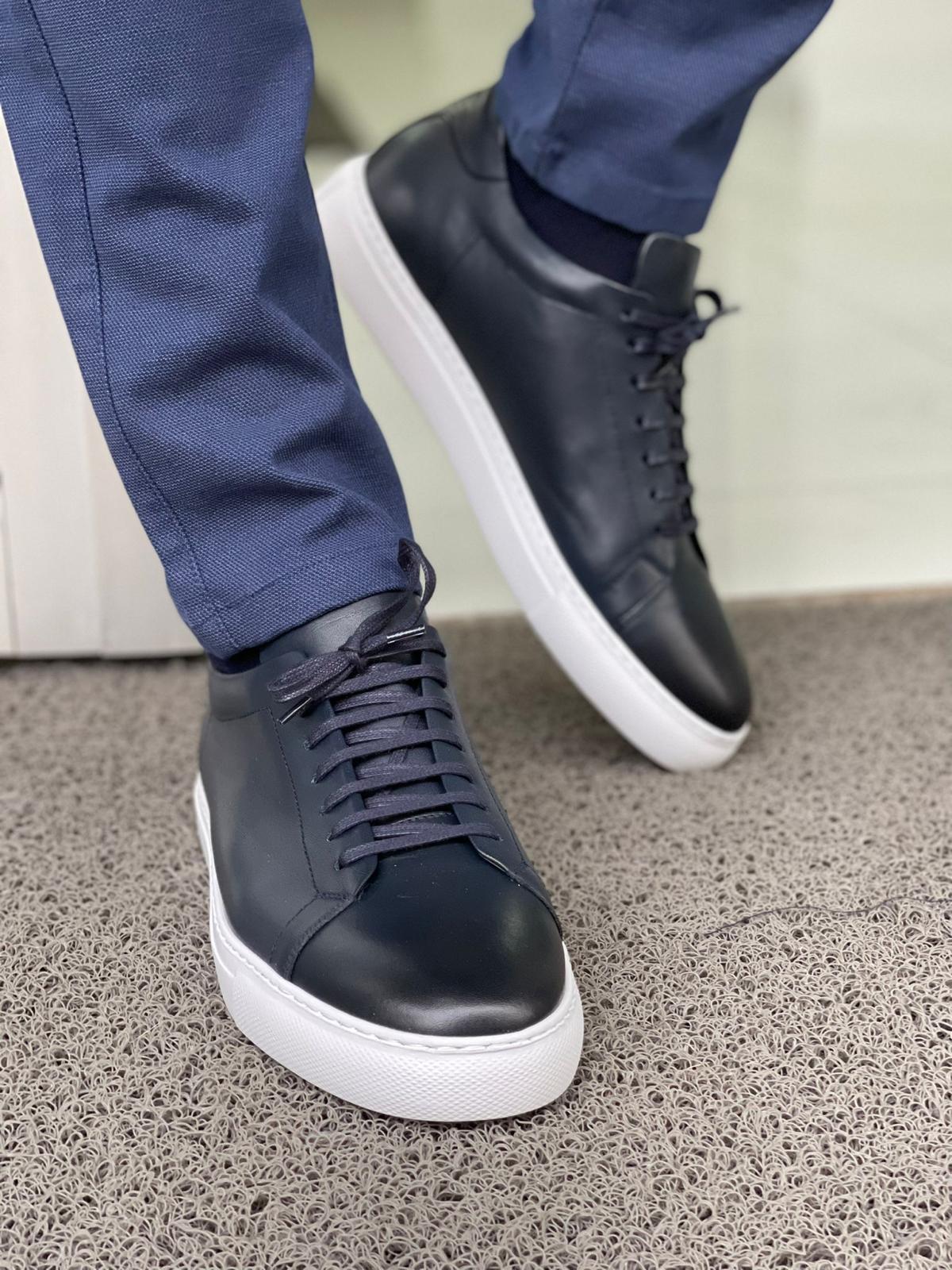 Martin Navy Blue Lace-Up Mid-Top Sneakers