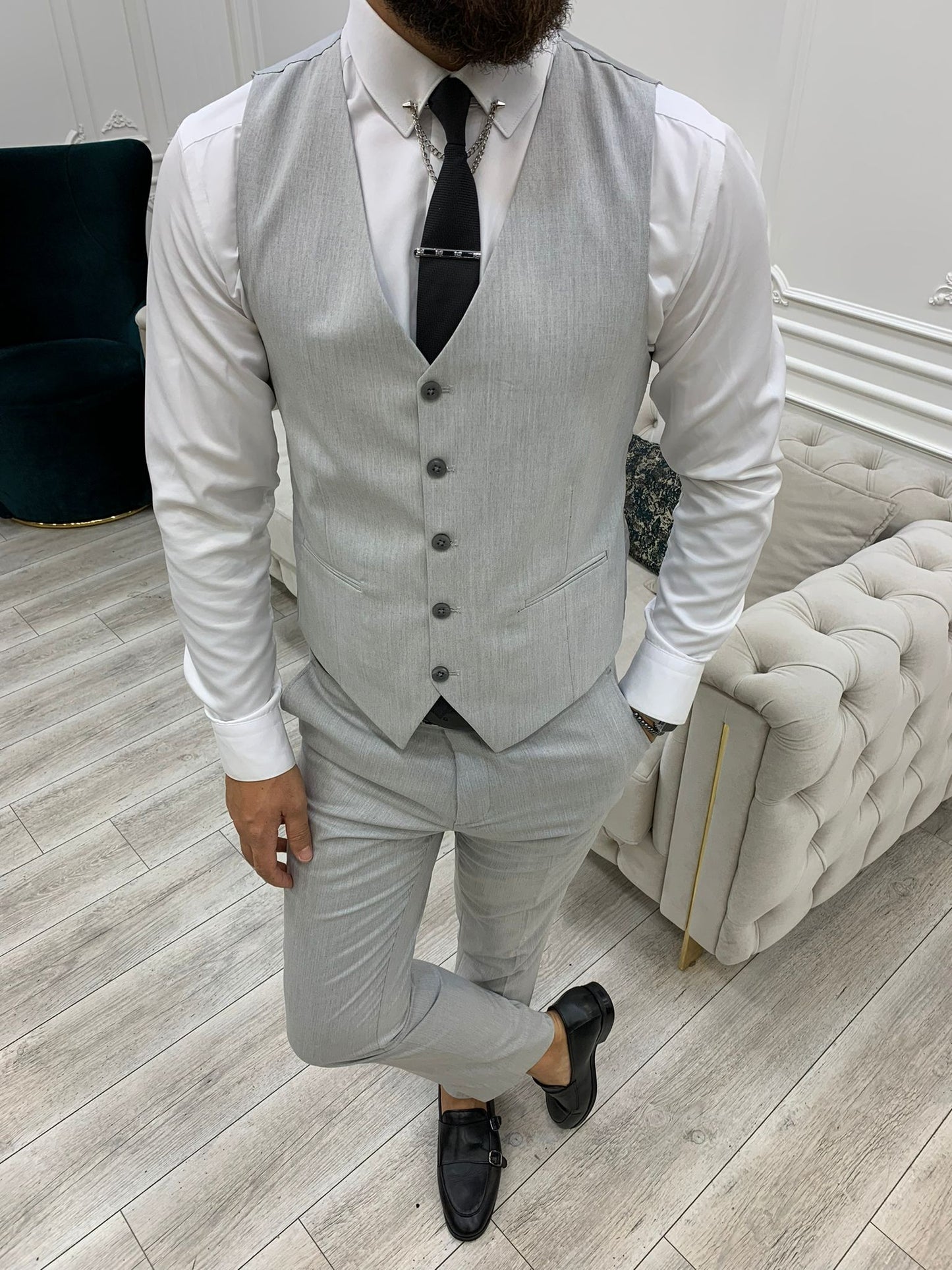 Barrua Light Gray Slim Fit Peak Lapel Striped Suit