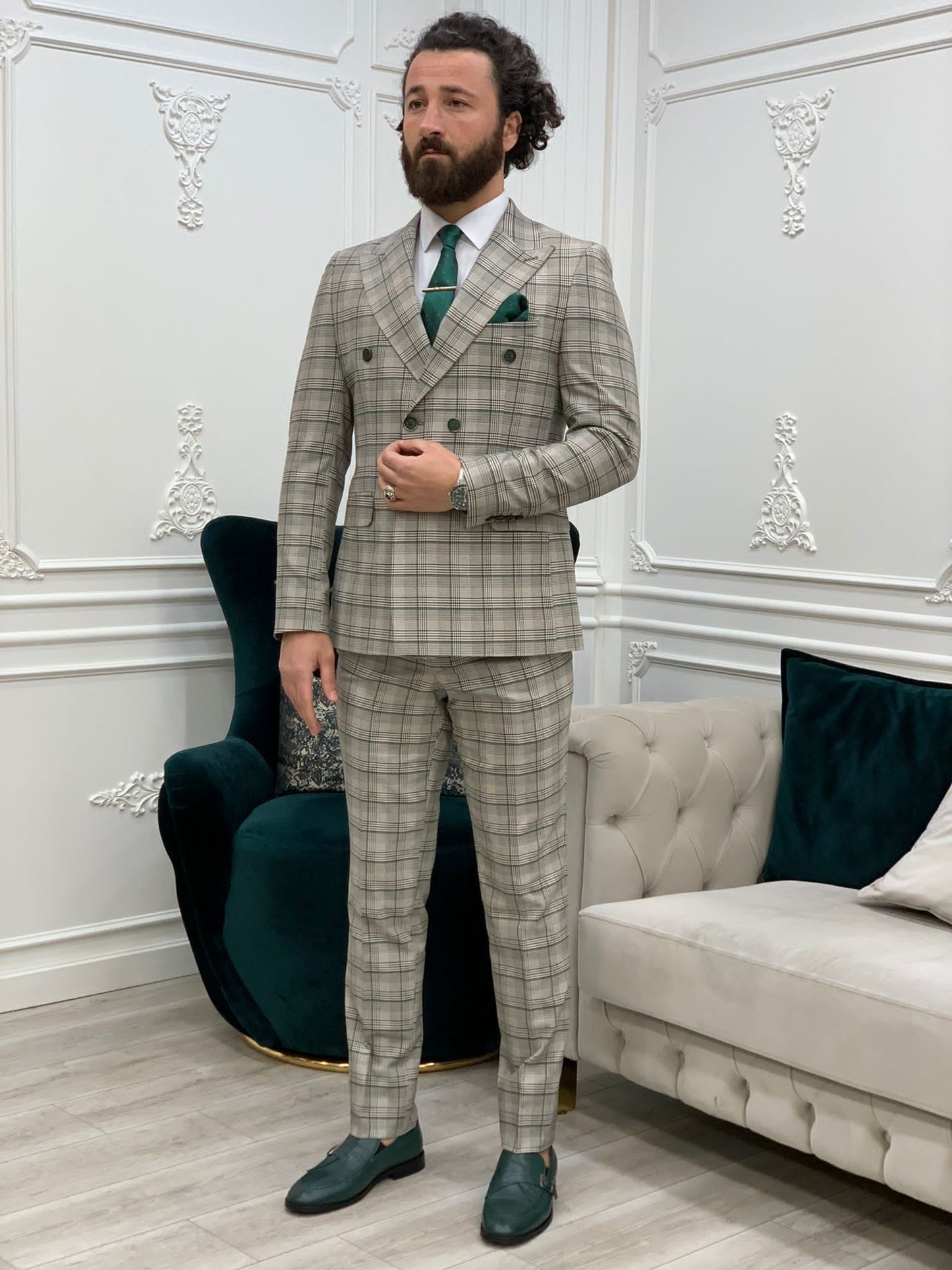 Rosario Green Gray Slim Fit Double Breasted Plaid Suit